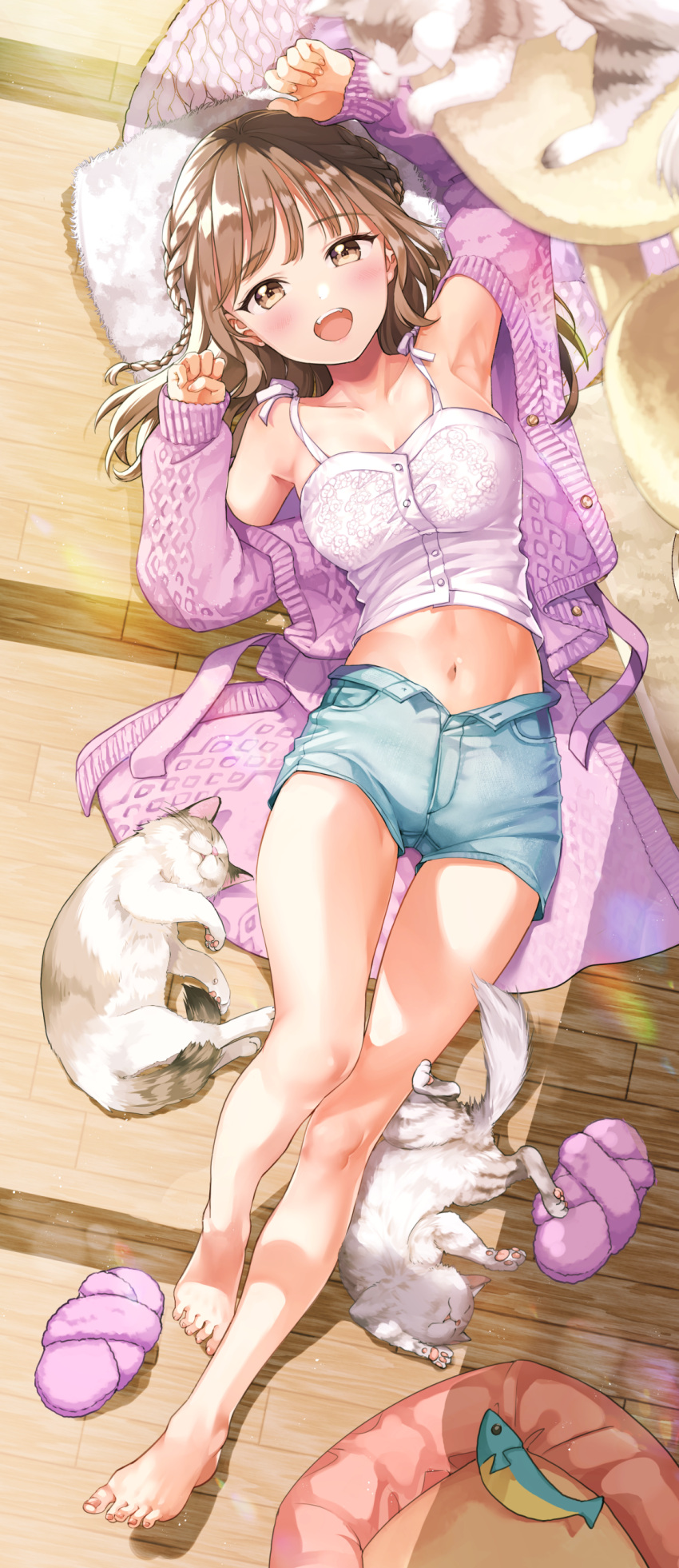 1girl :d absurdres arm_up armpits bare_shoulders barefoot blue_shorts breasts brown_eyes brown_hair camisole crop_top denim denim_shorts full_body hand_up highres jacket long_hair long_sleeves looking_at_viewer matsuzaki_miyuki medium_breasts midriff navel off_shoulder open_clothes open_fly open_jacket original pink_jacket shirt short_shorts shorts sleeveless sleeveless_shirt smile solo spaghetti_strap stomach thighs white_shirt