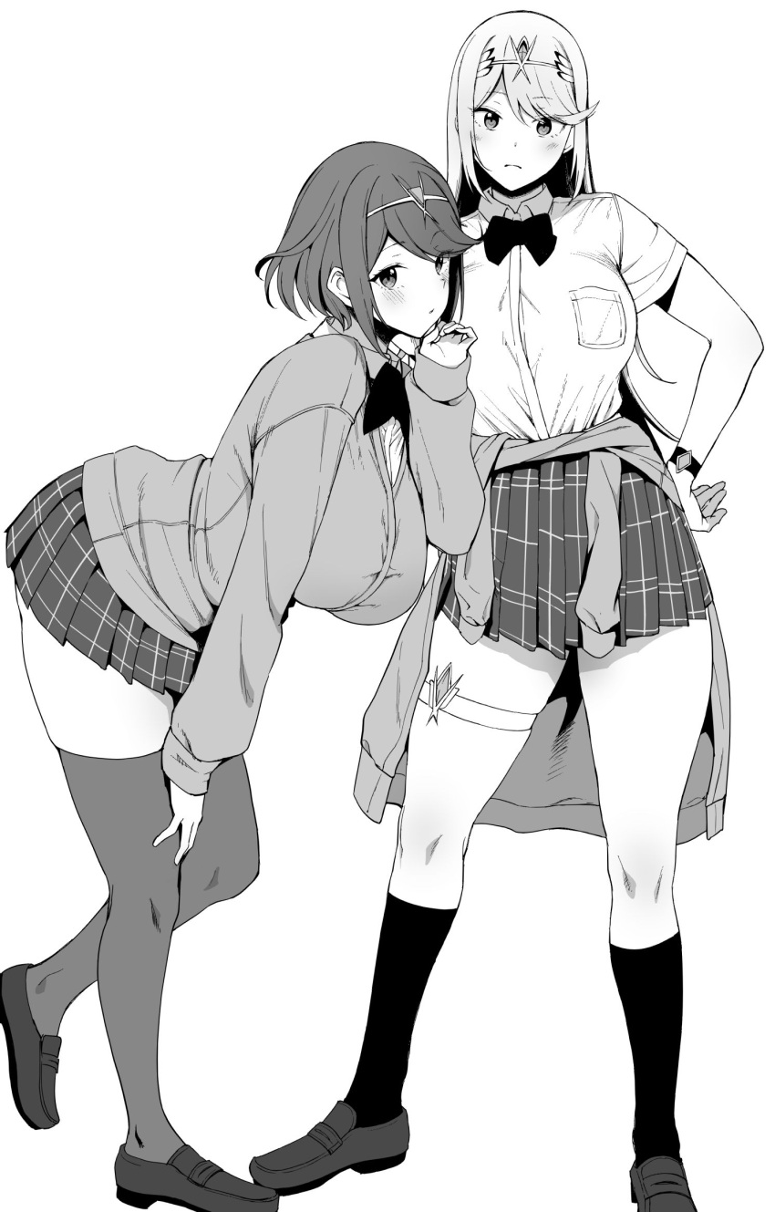 2girls :o alternate_costume amano_don bangs black_legwear blush breasts commentary_request eyebrows_visible_through_hair full_body greyscale hand_on_hip hand_on_own_thigh headpiece highres huge_breasts kneehighs large_breasts leaning_forward long_hair long_sleeves looking_at_viewer looking_to_the_side miniskirt monochrome multiple_girls mythra_(xenoblade) plaid plaid_skirt pleated_skirt pyra_(xenoblade) ribbon school_uniform simple_background skirt swept_bangs thigh-highs thigh_strap tiara very_long_hair white_background xenoblade_chronicles_(series) xenoblade_chronicles_2 zettai_ryouiki