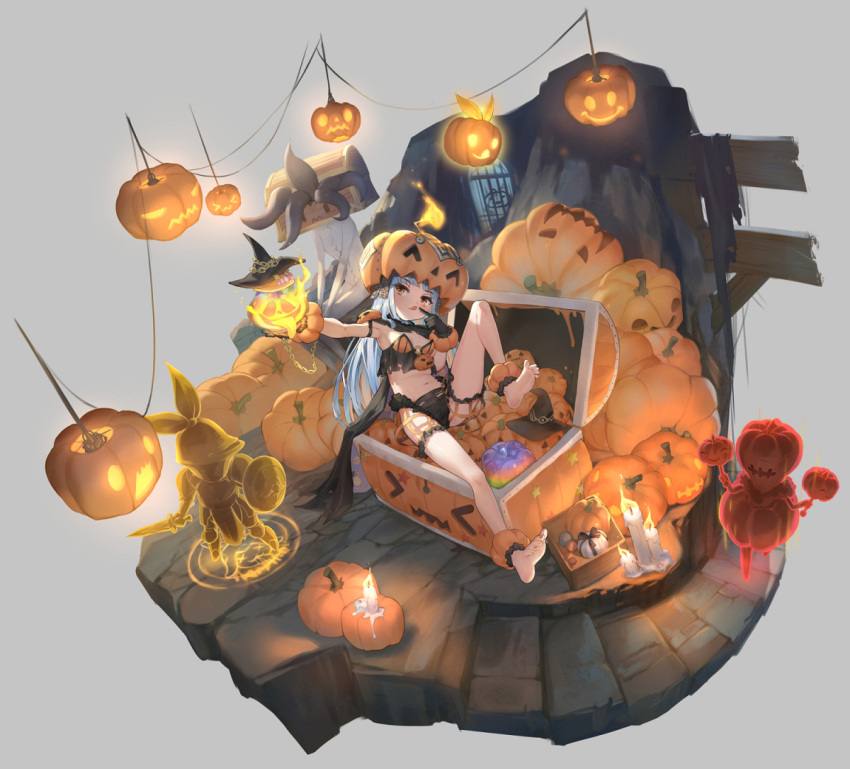 &gt;_&lt; 1girl :q anklet arm_up barefoot black_gloves black_panties breasts candle clover_theater commentary_request crop_top finger_to_mouth full_body gloves halloween hat hat_removed headwear_removed holding holding_jack-o'-lantern jack-o'-lantern jewelry leg_up long_hair looking_away midriff navel observerz official_art outstretched_arm panties pumpkin_hat red_eyes sideways_glance silver_hair sitting small_breasts solo tongue tongue_out treasure_chest underwear witch_hat