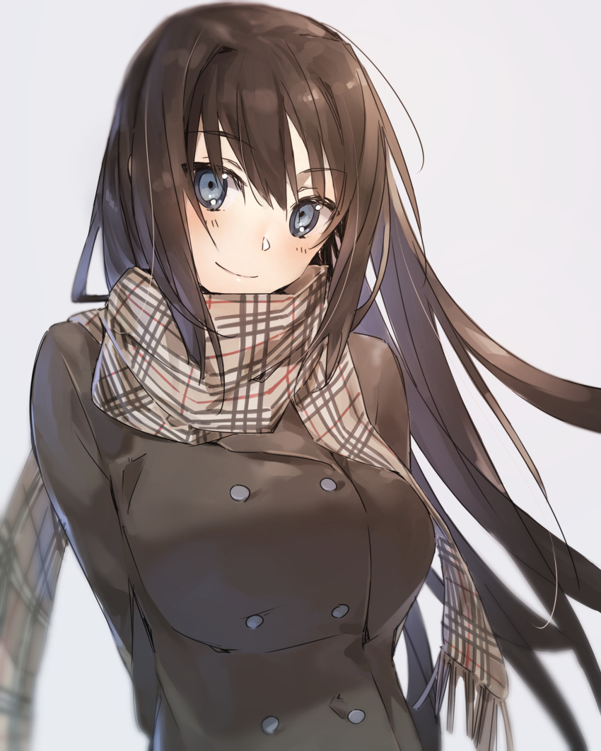 1girl absurdres aozaki_aoko arms_behind_back blue_eyes blush breasts brown_coat brown_hair buttons closed_mouth coat commentary_request eyebrows_visible_through_hair floating_hair grey_background hair_between_eyes hair_intakes highres large_breasts long_hair long_sleeves looking_at_viewer mahou_tsukai_no_yoru plaid plaid_scarf scarf shigure_(shigure_43) sidelocks simple_background solo upper_body very_long_hair winter_clothes