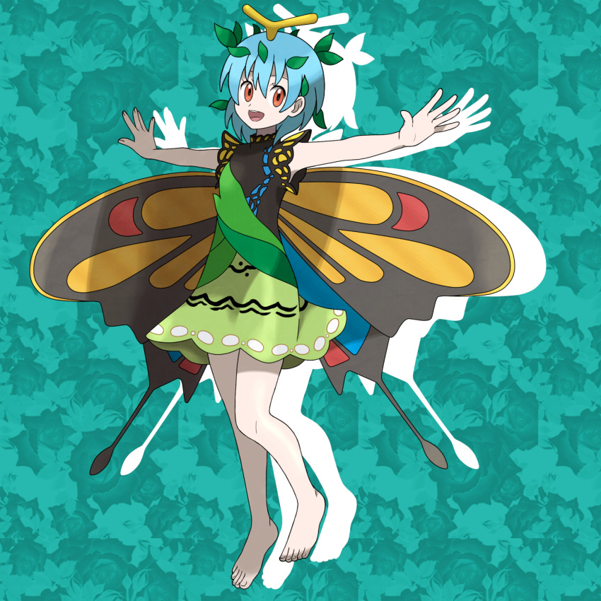 1girl antennae aqua_hair asatsuki_(fgfff) barefoot butterfly_wings dress eternity_larva fairy full_body green_dress hair_between_eyes highres leaf leaf_on_head multicolored_clothes multicolored_dress open_mouth orange_eyes outstretched_arms parody short_hair short_sleeves single_strap smile solo spread_arms style_parody sugimori_ken_(style) teeth touhou upper_teeth wings