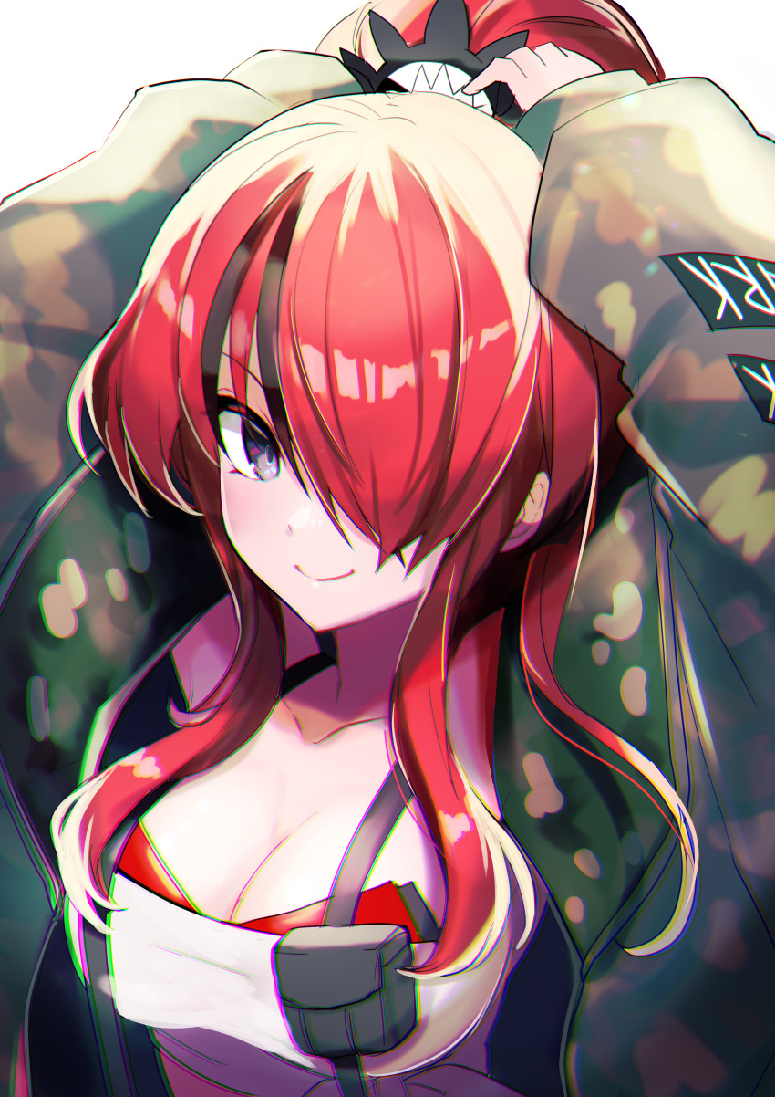 1girl absurdres black_hair blush bra breasts eyebrows_visible_through_hair green_jacket hair_over_one_eye highres jacket lain_paterson large_breasts looking_to_the_side multicolored_hair nijisanji one_eye_covered ponytail red_bra redhead shinomiya_shino_(sinosino141) smile solo strapless streaked_hair suspenders tube_top underwear virtual_youtuber white_background white_tube_top