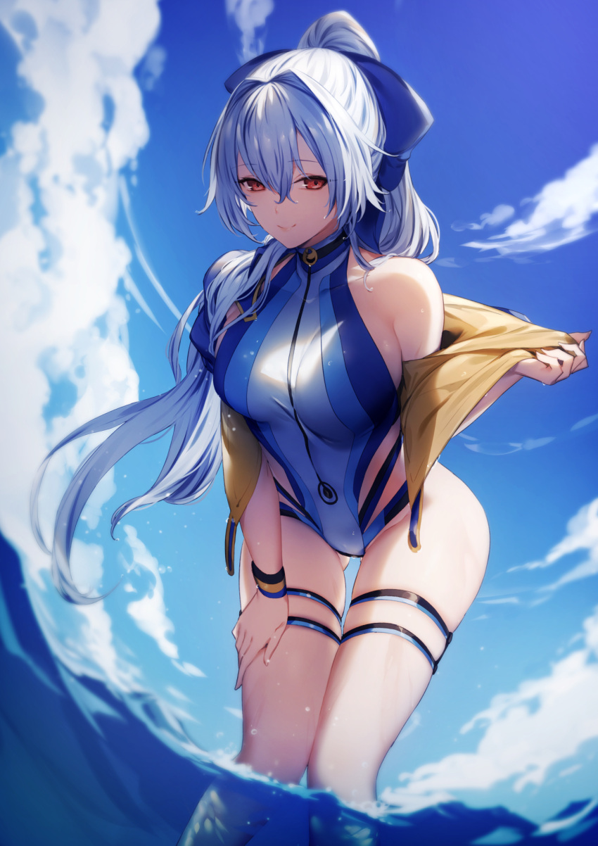 1girl bangs blue_bow blue_sky blue_swimsuit bow breasts closed_mouth clouds commentary_request day eyebrows_visible_through_hair fate/grand_order fate_(series) floating_hair genyaky hair_between_eyes hair_bow hand_on_own_thigh highleg highleg_swimsuit highres jacket large_breasts long_hair looking_at_viewer off_shoulder one-piece_swimsuit outdoors ponytail red_eyes sideboob silver_hair sky smile solo standing swimsuit thigh_strap thighs tomoe_gozen_(fate) tomoe_gozen_(swimsuit_saber)_(fate) two-tone_swimsuit very_long_hair wading water white_swimsuit yellow_jacket