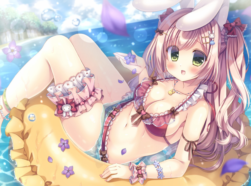 1girl animal_ears bikini blue_sky breasts bubble day flower frills green_eyes hair_ornament hairpin heart innertube jewelry kouta. large_breasts light_rays long_hair looking_at_viewer nail_polish navel necklace ocean original petals pink_bikini pink_hair pink_nails purple_flower rabbit_ears sky smile solo summer sunlight swimsuit twintails very_long_hair water