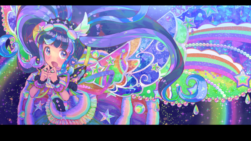 1girl :o back_bow bangs blue_eyes blunt_bangs blush bow bracelet braid bubble colorful crown_braid curly_hair diffraction_spikes dress fireflies floating frilled_bracelet hairband headset heart highres idol jewelry kuro_daia_(pri_chan) large_wings letterboxed long_hair looking_at_viewer multicolored_clothes multicolored_hair night own_hands_together pretty_(series) pripara puffy_sleeves purple_hair ribbon ring short_sleeves sidelocks sky solo sparkle star_(symbol) tareme twintails upper_body very_long_hair water_drop wings zeroarchive00