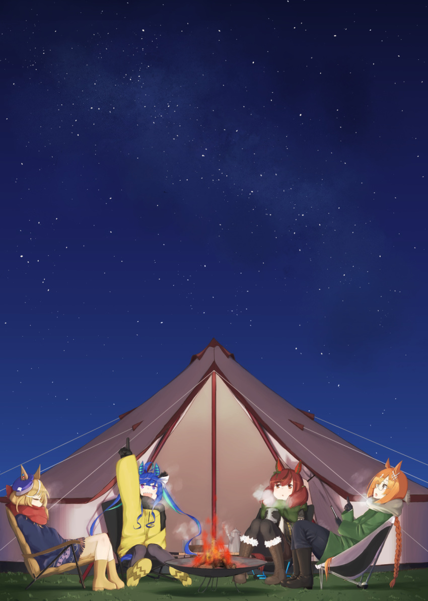 animal_ears arm_up camping gloves hat highres horse_ears horse_girl ikuno_dictus_(umamusume) long_hair matikane_tannhauser_(umamusume) medium_hair nice_nature_(umamusume) outdoors pointing sitting sky sleeping star_(sky) starry_sky tent twin_turbo_(umamusume) twintails umamusume winter_clothes zafuri_(yzrnegy)