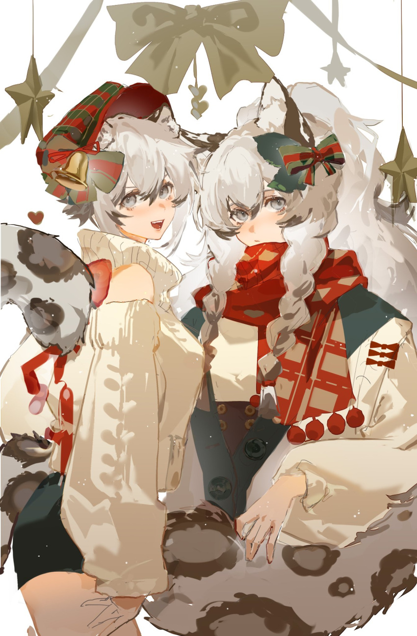 2girls 9degree :d alternate_costume animal_ear_fluff animal_ears arknights bangs bare_shoulders bell blush bow braid breasts brown_bow cabbie_hat cliffheart_(arknights) closed_mouth commentary english_commentary eyebrows_behind_hair green_bow green_shorts grey_eyes hair_bow hat highres leopard_ears leopard_girl leopard_tail long_hair long_sleeves looking_at_viewer medium_breasts multicolored_clothes multicolored_headwear multiple_girls open_mouth plaid_headwear ponytail pramanix_(arknights) red_scarf scarf short_hair short_shorts shorts siblings sidelocks silver_hair simple_background sisters smile star_(symbol) sweater tail turtle_shell twin_braids upper_body v-shaped_eyebrows white_background white_sweater