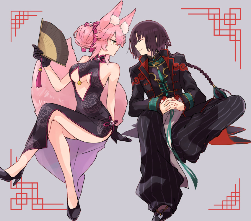 1boy 1girl animal_ears baggy_pants black_gloves black_hair braid breasts center_opening china_dress chinese_clothes closed_eyes crossed_legs dress fate/grand_order fate_(series) fingers_together fox_ears fox_tail gloves hair_bun hand_fan highres kak_hac koyanskaya_(fate) large_breasts pants pink_hair sitting smile tai_gong_wang_(fate) tail tamamo_(fate) under_boob