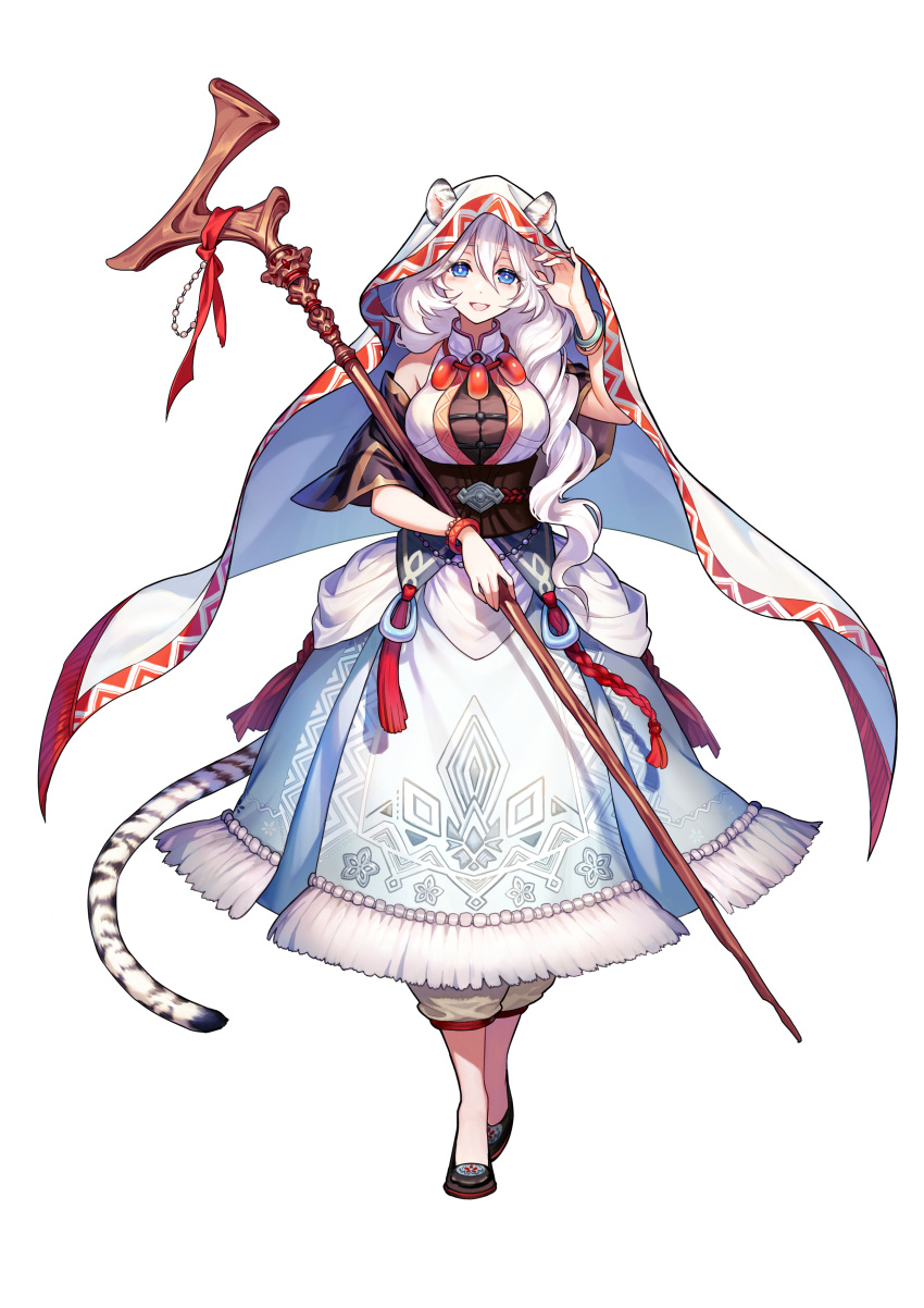 1girl absurdres animal_ears bare_shoulders blue_eyes breasts capelet dress druid_kanna full_body game_cg guardian_tales highres holding holding_weapon jewelry long_hair looking_at_viewer medium_breasts official_art pendant smile tail tiger_ears tiger_girl tiger_tail transparent_background weapon white_dress white_hair