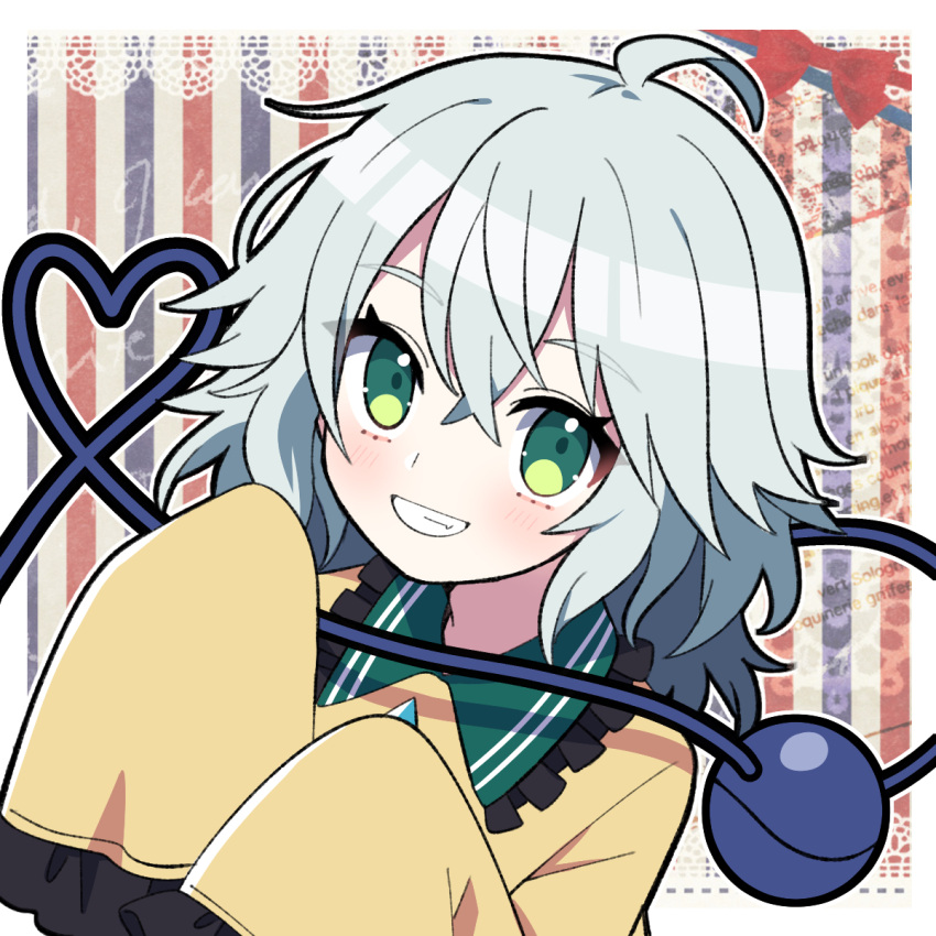 1girl bangs eyebrows_visible_through_hair green_eyes grey_hair grin heart heart_of_string highres komeiji_koishi long_sleeves looking_at_viewer multicolored_background no_hat no_headwear shirt short_hair sleeves_past_fingers sleeves_past_wrists smile solo striped striped_background third_eye touhou upper_body wide_sleeves yellow_shirt yoriteruru