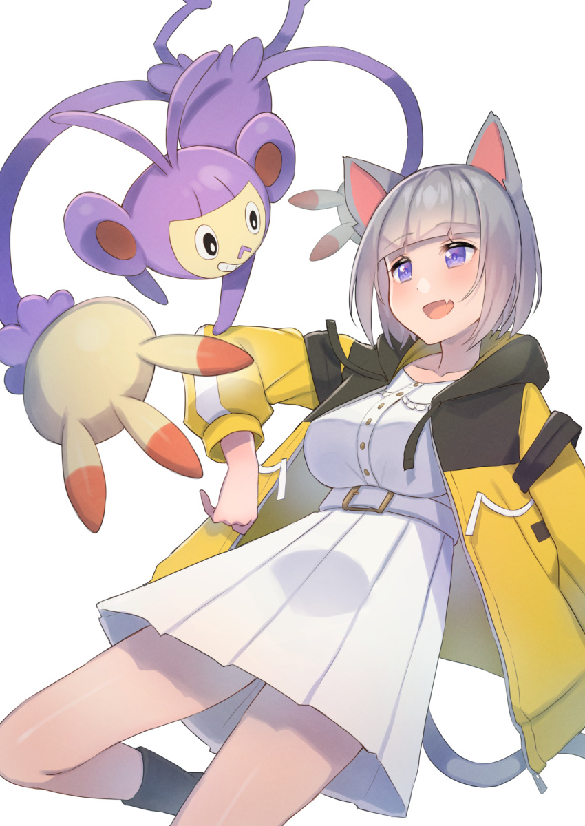 1girl ambipom animal_ears bangs belt blue_eyes blunt_bangs blush breasts cat_ears cat_girl cat_tail dress eichan_(eichanidfi) fang grey_hair highres hood hooded_jacket jacket large_breasts open_clothes open_jacket open_mouth original pleated_dress pokemon pokemon_(creature) pokemon_(game) pokemon_bdsp simple_background skin_fang smile tail white_background white_belt white_dress yellow_jacket