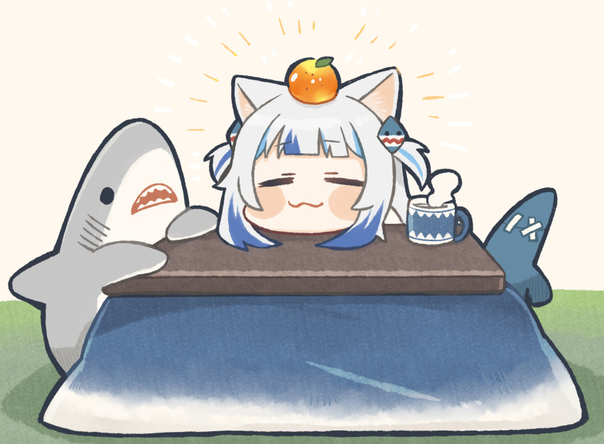 1girl :3 =_= animal_ears bangs blue_hair blunt_bangs blush_stickers cat_ears chibi closed_eyes commentary cup fish_tail food food_on_head fruit fruit_on_head gawr_gura hair_ornament highres hololive hololive_english kotatsu mandarin_orange multicolored_hair object_on_head romaji_commentary same_anko shark_tail smile solo steam streaked_hair stuffed_animal stuffed_shark stuffed_toy table tail two-tone_hair two_side_up virtual_youtuber white_hair