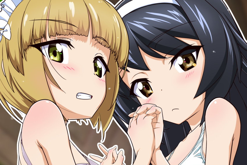 2girls bangs black_hair blonde_hair blunt_bangs blush bob_cut bra brown_eyes close-up closed_mouth commentary commentary_request cutlass_(girls_und_panzer) datemaki_360 eyebrows_visible_through_hair frown girls_und_panzer grey_bra grin hairband highres holding_hands interlocked_fingers long_hair looking_at_viewer looking_back maid_headdress multiple_girls outline reizei_mako short_hair smile underwear white_bra white_hairband white_outline yellow_eyes