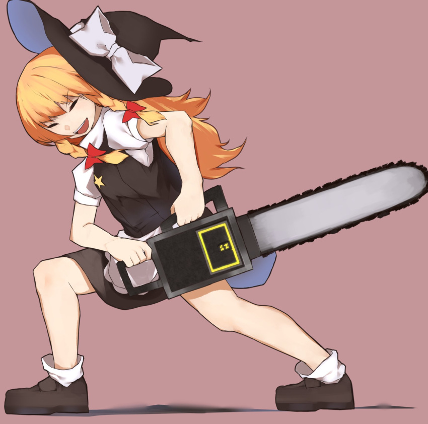 1girl bangs black_footwear black_headwear black_skirt black_vest blonde_hair bow braid chainsaw closed_eyes commentary_request cookie_(touhou) eyebrows_visible_through_hair full_body hair_bow hat hat_bow highres holding holding_chainsaw kirisame_marisa long_hair lunging open_mouth pink_background red_bow rizeass shirt shoes simple_background skirt smile socks solo star_(symbol) suzu_(cookie) touhou turtleneck twin_braids vest white_bow white_legwear white_shirt witch_hat