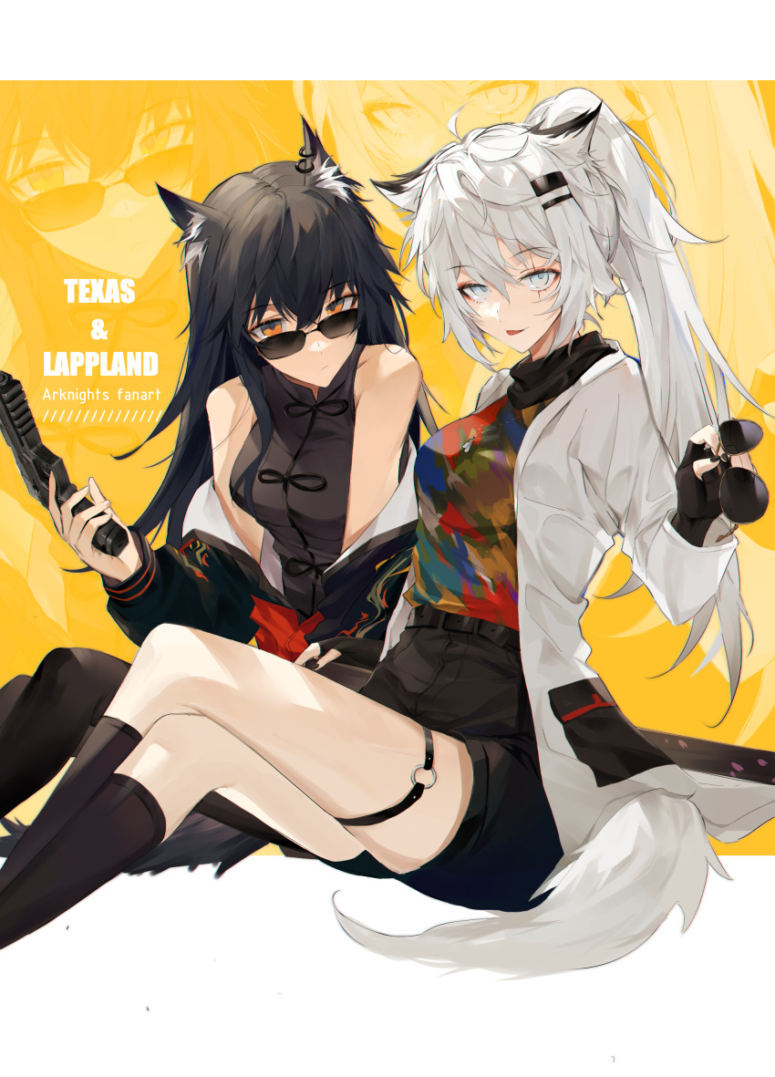 2girls :p absurdres ahoge animal_ears arknights bangs bare_shoulders black_gloves black_hair black_jacket black_legwear black_nails black_shirt black_shorts blue_eyes breasts character_name closed_mouth copyright_name crossed_legs eyebrows_visible_through_hair eyewear_removed feet_out_of_frame fingerless_gloves gloves gun hair_ornament hairclip highres holding holding_eyewear holding_gun holding_weapon jacket jewelry kneehighs knees_up lappland_(arknights) long_hair long_sleeves looking_at_viewer medium_breasts meng_ziya multicolored_shirt multiple_girls nail_polish necklace o-ring off_shoulder open_clothes open_jacket orange_eyes pantyhose ponytail scar scar_across_eye sheath sheathed shirt shorts silver_hair sitting smile sunglasses sword tail texas_(arknights) thigh_strap tongue tongue_out very_long_hair weapon white_jacket wolf_ears wolf_girl wolf_tail yellow_background zoom_layer