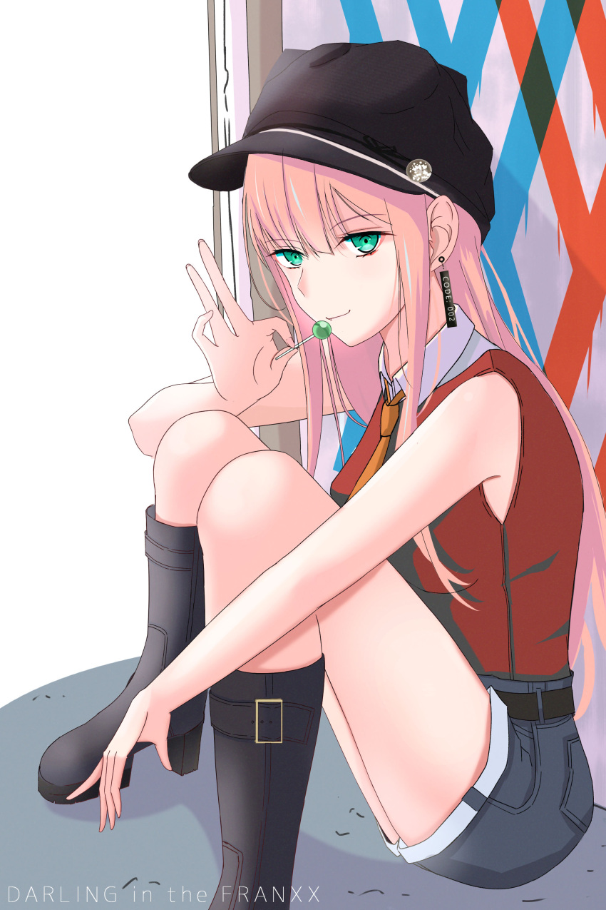 absurdres alternate_costume black_footwear boots breasts candy darling_in_the_franxx food green_eyes highres horns lollipop long_hair medium_breasts oni_horns pink_hair red_horns shorts sitting sleeveless zero_two_(darling_in_the_franxx)