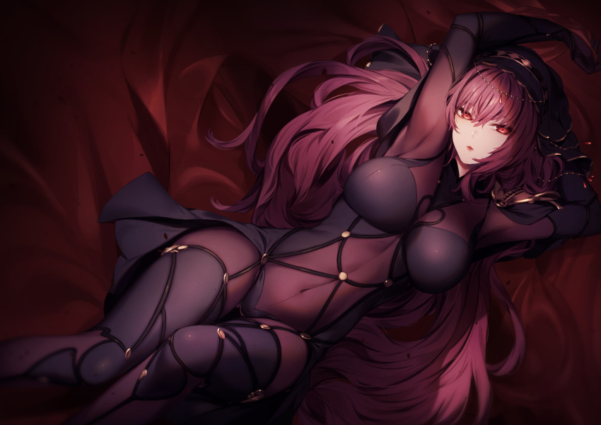 1girl armor arms_up bangs bed_sheet bodystocking bodysuit breasts commentary_request covered_navel eyebrows_visible_through_hair fate/grand_order fate_(series) feet_out_of_frame genyaky hair_between_eyes hair_intakes highres large_breasts long_hair looking_at_viewer lying on_back on_bed open_mouth parted_lips pauldrons purple_bodysuit red_eyes redhead scathach_(fate) shoulder_armor solo thighs veil very_long_hair