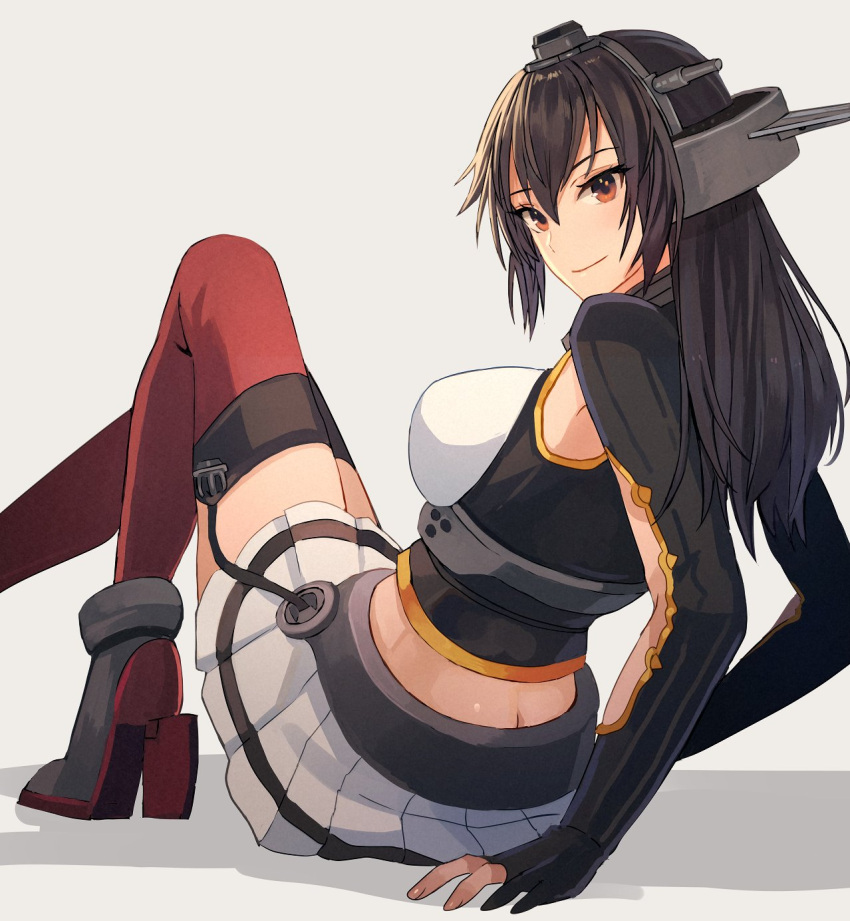 1girl arm_support black_gloves black_hair breasts brown_eyes closed_mouth elbow_gloves eyebrows_visible_through_hair gloves grey_background hair_between_eyes headgear highres kantai_collection kasumi_(skchkko) large_breasts long_hair nagato_(kancolle) partially_fingerless_gloves pleated_skirt red_legwear remodel_(kantai_collection) rudder_footwear skirt smile solo thigh-highs white_skirt