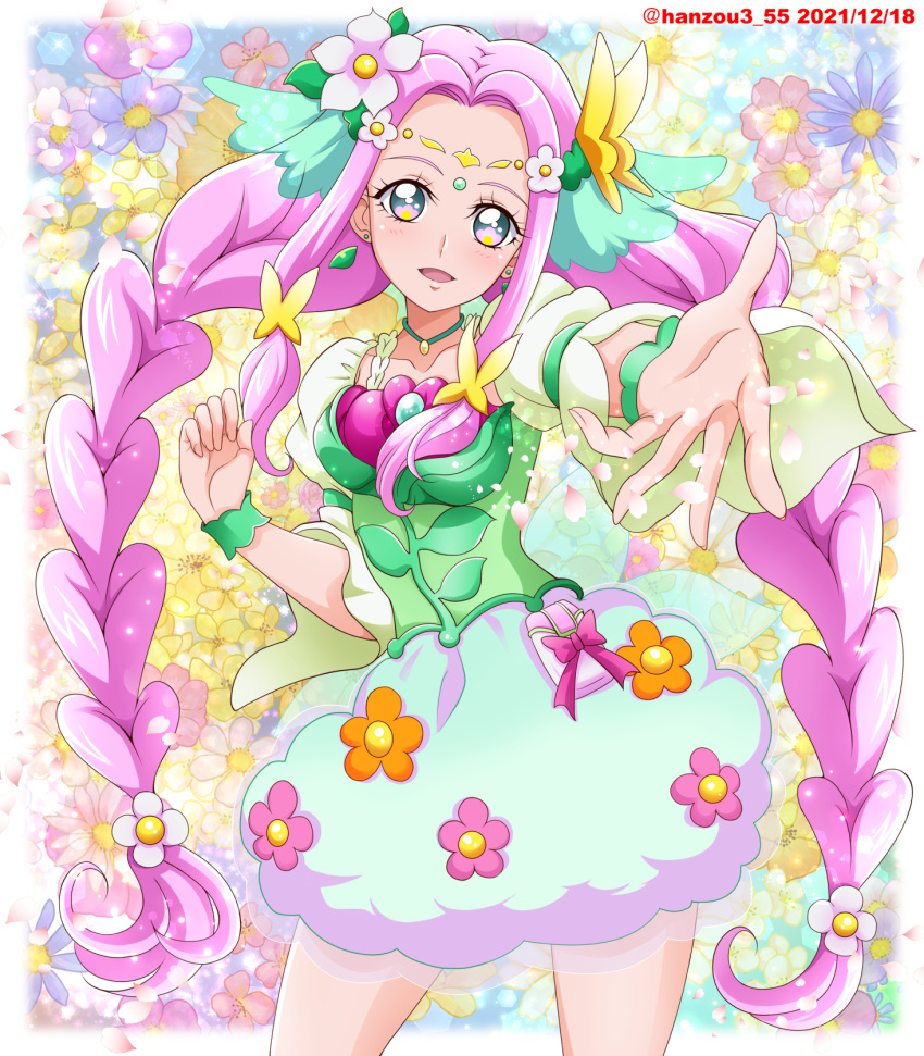1girl braid bubble_skirt circlet contrapposto cowboy_shot cure_felice dated dress_flower earrings floral_background flower flower_in_eye green_eyes green_skirt hair_flower hair_ornament hanami_kotoha hanzou highres jewelry legs_apart long_hair looking_at_viewer magical_girl mahou_girls_precure! multicolored_background multicolored_eyes outstretched_hand pink_hair precure skirt solo standing symbol_in_eye twin_braids twitter_username wrist_cuffs
