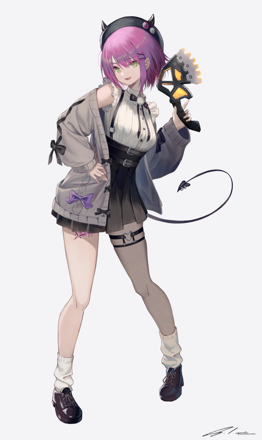 1girl :d absurdres apex_legends beret black_bow black_bowtie black_footwear black_headwear black_skirt bob_cut bow bowtie cardigan collared_shirt contrapposto demon_girl demon_tail ear_piercing fake_horns frilled_shirt frilled_sleeves frills full_body green_eyes grey_cardigan hair_ornament hairclip hand_on_hip hat heart_ring high-waist_skirt highres holding holding_weapon hololive horned_headwear horns industrial_piercing ioriwu8 leg_tattoo looking_at_viewer loose_socks miniskirt open_cardigan open_clothes piercing pleated_skirt pom_pom_(clothes) purple_hair shirt shoes short_hair short_sleeves signature simple_background skirt smile solo solo_focus suspender_skirt suspenders tail tail_ornament tail_piercing tattoo thigh_strap tokoyami_towa virtual_youtuber weapon white_background white_legwear white_shirt