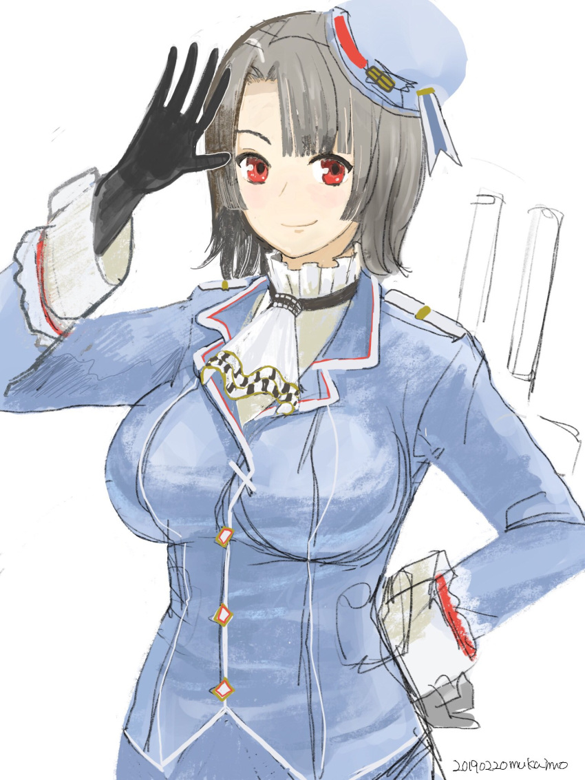 1girl arm_under_breasts bangs beret black_gloves black_hair blue_headwear breasts closed_mouth gloves grey_background hat high_collar highres kantai_collection large_breasts military military_uniform mukuimo red_eyes short_hair takao_(kantai_collection) uniform white_neckwear