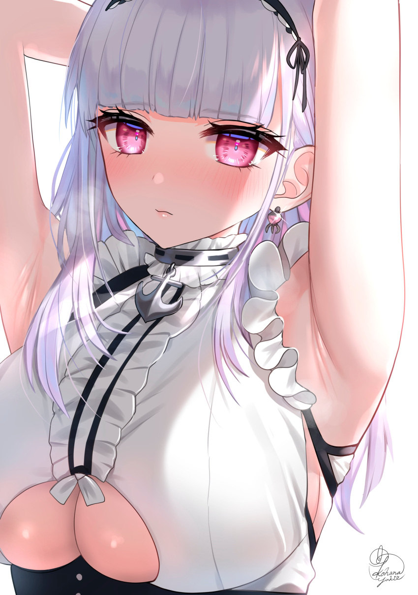 1girl :s absurdres anchor armpits arms_behind_head arms_up azur_lane bangs black_hairband blunt_bangs blush breasts center_frills closed_mouth clothing_cutout commentary_request dido_(azur_lane) earrings eyebrows_visible_through_hair frilled_shirt frills hairband highres jewelry kohanayuki large_breasts long_hair pink_eyes shirt signature silver_hair simple_background skindentation sleeveless sleeveless_shirt solo under_boob underboob_cutout upper_body white_background white_shirt