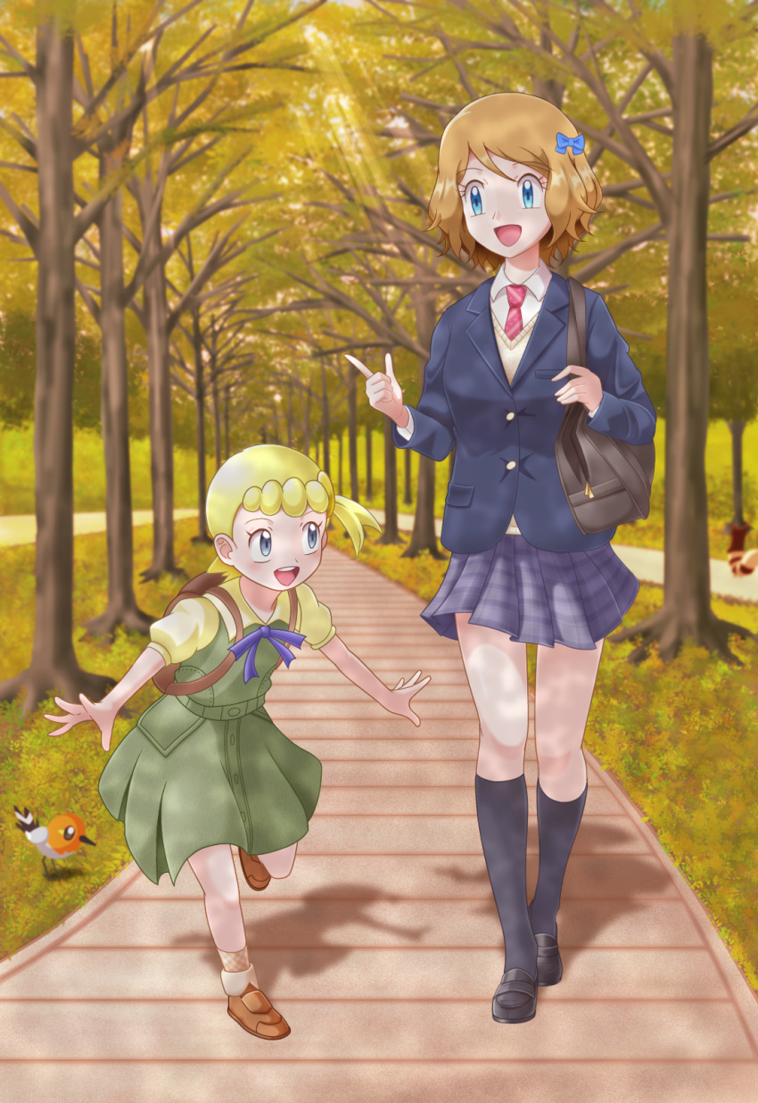 2girls :d bag bangs black_footwear black_legwear blonde_hair blue_bow blue_eyes blue_jacket blush bonnie_(pokemon) bow brown_bag brown_footwear buttons collared_shirt commentary_request day dress eyebrows_visible_through_hair eyelashes fletchling green_dress hair_bow highres holding_strap jacket kneehighs leg_up light_rays multiple_girls necktie open_mouth outdoors pleated_skirt pokemon pokemon_(anime) pokemon_(creature) pokemon_xy_(anime) serena_(pokemon) shirt shoes short_hair short_sleeves skirt smile standing teeth tongue tree upper_teeth vest white_shirt yellow_shirt yellow_vest zeki231