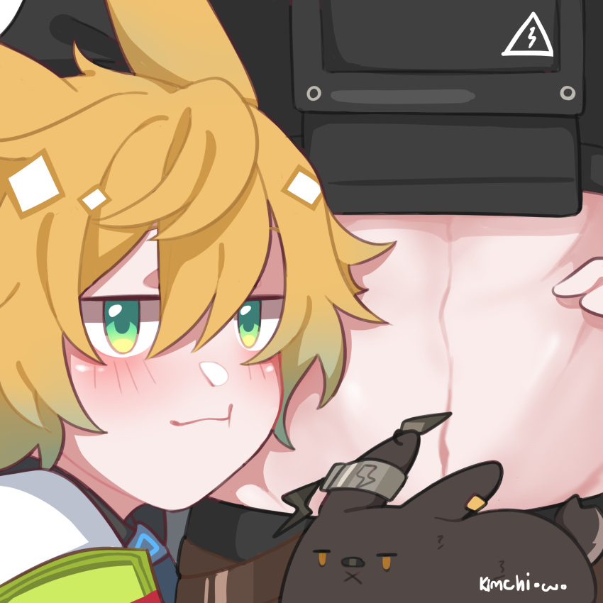 2boys abs absurdres animal animal_ears arknights artist_name ayerscarpe_(arknights) blonde_hair blush brown_fur bulletproof_vest english_commentary gloves green_eyes hand_on_another's_stomach highres kimchi15922858 leonhardt_(arknights) male_focus multiple_boys rabbit_ears short_hair smile tail