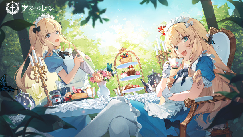2girls alternate_costume apron azur_lane bangs black_bow blonde_hair blue_dress blue_eyes blunt_bangs bow bug butterfly cake cake_slice candelabra candle candlestand chair croissant crossed_legs crown cup day dress drinking_glass enmaided fang flower food frilled_apron frilled_dress frilled_gloves frills gloves hair_bow highres jam long_hair looking_at_viewer macaron maid maid_headdress mini_crown multiple_girls official_alternate_costume official_art open_mouth outdoors pantyhose pastry queen_elizabeth_(azur_lane) queen_elizabeth_(yes_your_maidness!)_(azur_lane) saucer sitting skin_fang smile sunlight table tart_(food) teacup teapot tiered_tray tray ttosom vase warspite_(azur_lane) wavy_hair white_apron white_bow white_gloves white_legwear wine_glass