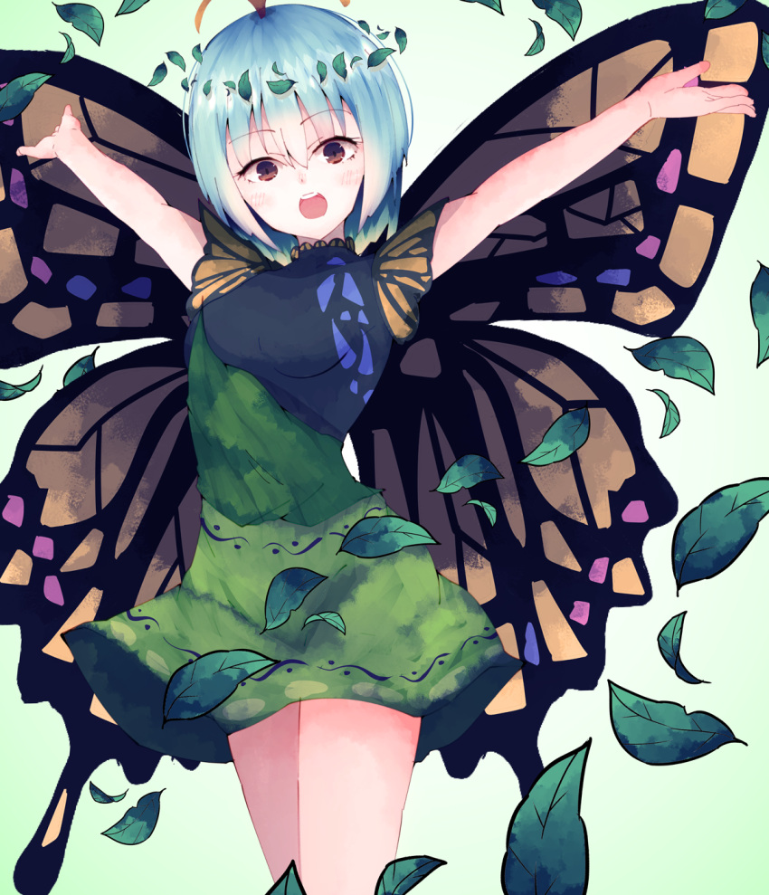 1girl antennae aqua_hair bad_id bad_twitter_id blush brown_eyes butterfly_wings darumoon dress eternity_larva eyebrows_visible_through_hair fairy green_dress hair_between_eyes highres leaf leaf_on_head looking_at_viewer multicolored_clothes multicolored_dress open_mouth short_hair short_sleeves single_strap solo third-party_source touhou upper_body wings