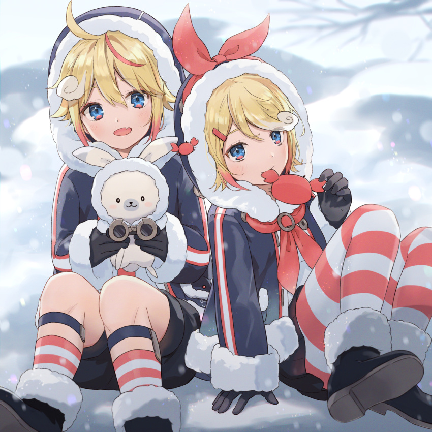 1boy 1girl 1other animal ashika_(yftcc948) binoculars biting black_coat black_footwear black_gloves blonde_hair blue_eyes boots bow coat commentary crab dip-dyed_hair fang fur-trimmed_boots fur-trimmed_coat fur-trimmed_hood fur_trim gloves hair_bow highres holding holding_animal hood hood_up hooded_coat kagamine_len kagamine_rin knees_up looking_at_viewer multicolored_hair neckerchief open_mouth outdoors rabbit rabbit_yukine red_bow red_legwear red_neckerchief redhead sitting skin_fang smile snow snowing streaked_hair striped striped_legwear two-tone_hair vocaloid wavy_hair winter