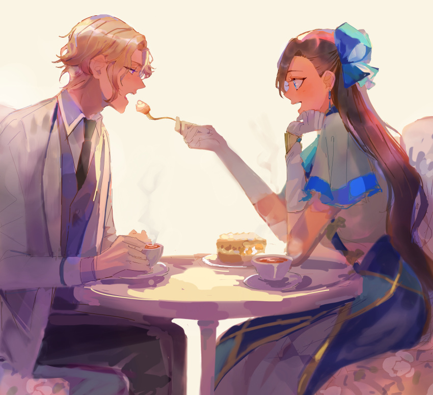 1boy 1girl absurdres black_necktie black_pants blonde_hair blue_bow blue_eyes bow brother_and_sister brown_hair chair cup dessert dress earrings feeding food fork gloves hair_bow highres holding holding_fork jewelry katarina_claes keith_claes long_hair necktie open_mouth otome_game_no_hametsu_flag_shika_nai_akuyaku_reijou_ni_tensei_shite_shimatta pants s_ilhs short_sleeves siblings sitting steam table tea teacup vest white_gloves