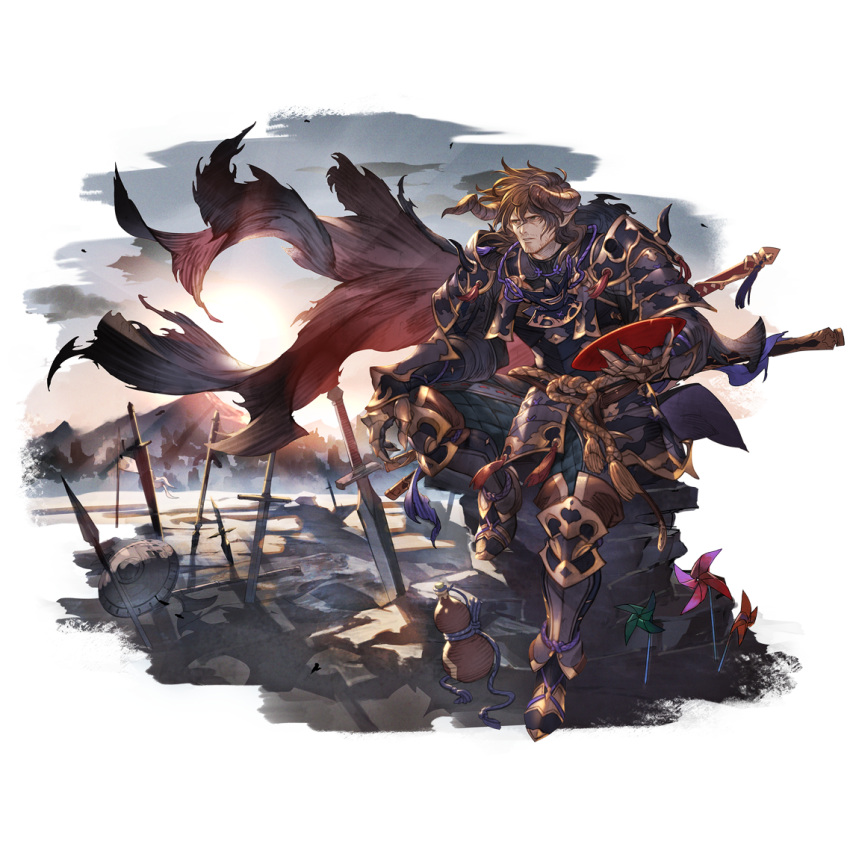 1boy armor armored_boots axe boots breastplate brown_hair cape clouds cup draph facial_hair floating_cape full_body gauntlets geisenborger gourd granblue_fantasy greaves holding holding_cup horns japanese_armor male_focus mask mask_removed medium_hair menpoo mountainous_horizon official_alternate_costume outdoors pinwheel planted planted_spear planted_sword polearm sakazuki sheath sheathed shield shoulder_armor sitting sode solo spear stubble sunrise sword sword_behind_back torn_cape torn_clothes transparent_background weapon