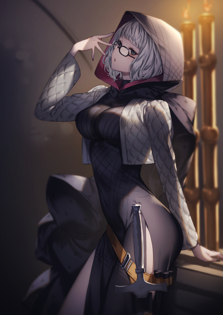1girl bangs black_cape black_dress black_eyes black_nails blurry blurry_background bob_cut breasts cape commentary_request cowboy_shot cropped_jacket dress fate/grand_order fate_(series) fingernails genyaky glasses hand_up highres hood hood_up jacket jacques_de_molay_(foreigner)_(fate) large_breasts long_sleeves looking_at_viewer nail_polish open_clothes open_jacket parted_lips sheath sheathed short_hair sideways_glance silver_hair solo sword tight tight_dress weapon white_hair white_jacket