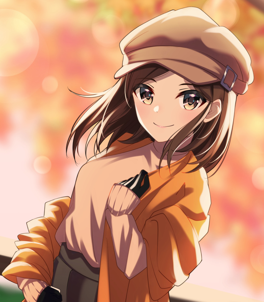 1girl bangs black_gloves blurry blurry_background brown_eyes brown_hair brown_headwear cabbie_hat closed_mouth floating_hair gloves grey_skirt hat highres idolmaster idolmaster_cinderella_girls long_hair long_sleeves looking_at_viewer parted_bangs saejima_kiyomi skirt sleeves_past_wrists smile solo sweater v3assalut white_sweater