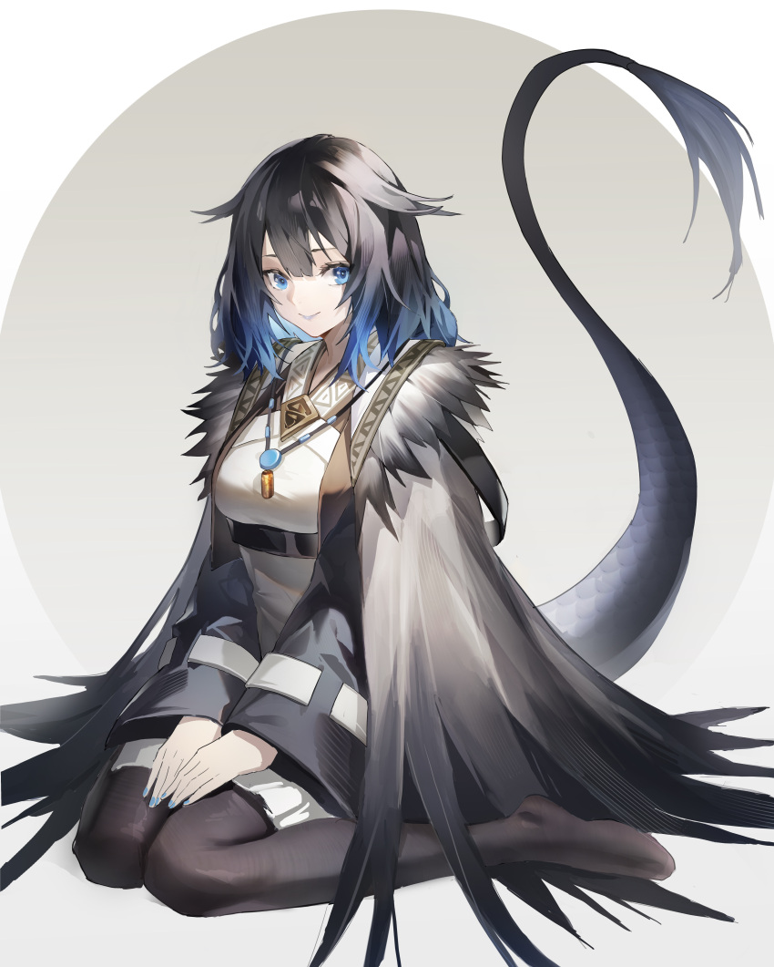 1girl absurdres arknights bangs black_hair black_legwear blue_eyes blue_hair blue_nails breasts cape closed_mouth commentary_request dress fur-trimmed_cape fur_trim gradient_hair grey_background grey_cape highres jewelry kjera_(arknights) lipstick long_hair long_sleeves looking_at_viewer madao makeup medium_breasts multicolored_hair nail_polish necklace no_shoes own_hands_together pantyhose purple_lips sitting smile solo tail two-tone_background underbust wariza white_dress wide_sleeves