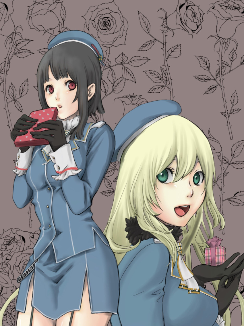 2girls atago_(kantai_collection) beret black_gloves black_hair blonde_hair blue_hat blush breast_grab breasts building closed_eyes denim eyebrows eyebrows_visible_through_hair frilled_cuffs fur_collar fur_trim gloves grabbing grabbing_from_behind hat hatukanesumi jeans kantai_collection large_breasts long_hair long_sleeves military military_uniform multiple_girls necktie nose_blush open_mouth outdoors pants plant potted_plant red_eyes round_teeth short_hair takao_(kantai_collection) teeth uniform upper_body white_necktie wince wrist_cuffs yuri