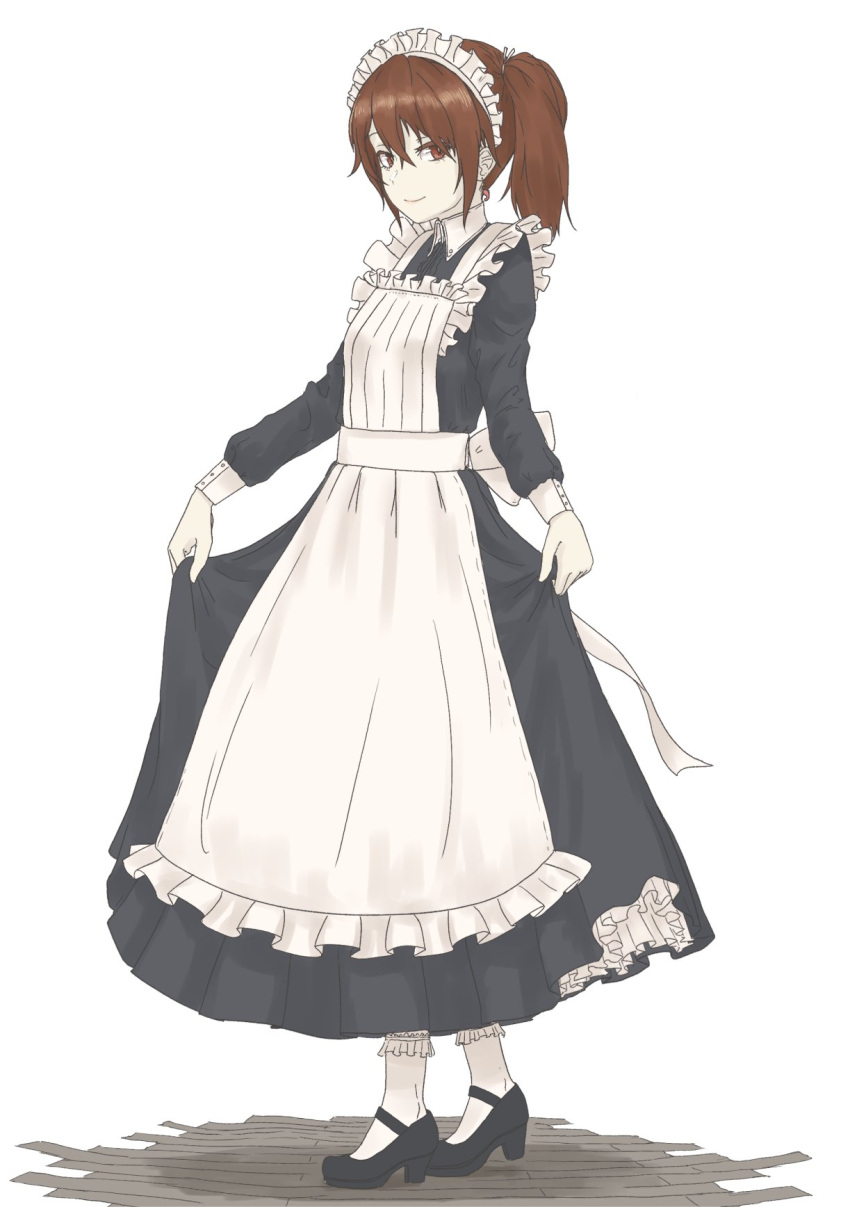 1girl alternate_costume apron bangs black_dress black_footwear bobby_socks brown_eyes brown_hair commentary_request curtsey dress enmaided frilled_dress frills full_body highres kantai_collection long_hair long_sleeves looking_at_viewer maid maid_apron maid_headdress nito_(nshtntr) petticoat ryuujou_(kancolle) simple_background skirt_hold smile socks solo standing twintails white_apron white_legwear