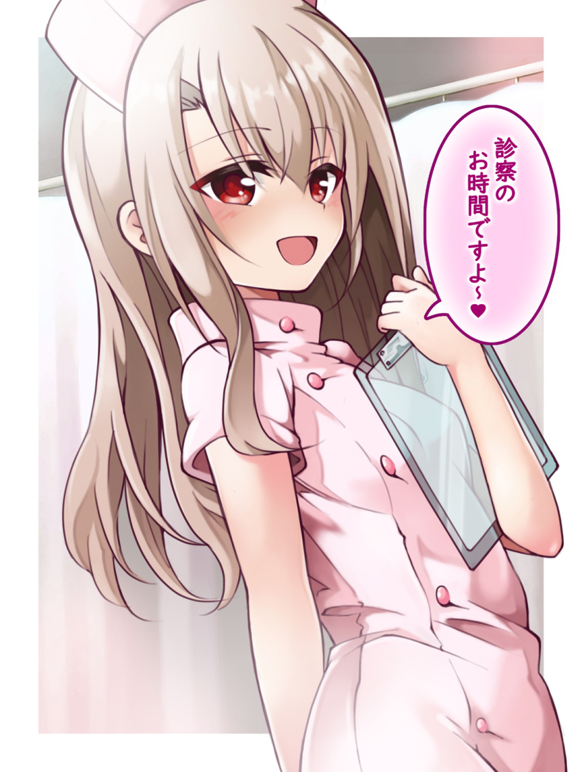 1girl bangs blush breasts buttons clipboard dress fate/kaleid_liner_prisma_illya fate_(series) hair_between_eyes hat highres illyasviel_von_einzbern long_hair looking_at_viewer mochi_(k620803n) nurse nurse_cap open_mouth pink_dress pink_headwear red_eyes short_sleeves sidelocks small_breasts smile solo speech_bubble translation_request white_hair