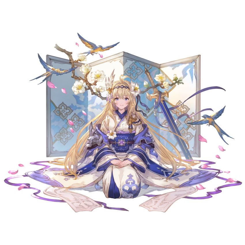 1girl antenna_hair bangs bird blonde_hair blue_eyes branch closed_mouth flower granblue_fantasy hair_flower hair_intakes hair_ornament hairband hands_on_lap japanese_clothes jeanne_d'arc_(granblue_fantasy) kimono long_hair long_sleeves looking_at_viewer obi official_alternate_costume official_art own_hands_together petals purple_ribbon ribbon sash seiza sitting smile solo swallow_(bird) sword transparent_background weapon white_flower white_kimono