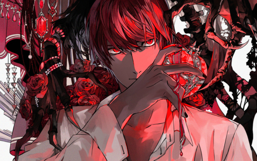 1boy black_nails death_note flower glowing glowing_eyes heart highres holding holding_heart jewelry necklace nigelungdayo out_of_frame red_eyes red_flower red_rose red_theme redhead rose ryuk solo yagami_light