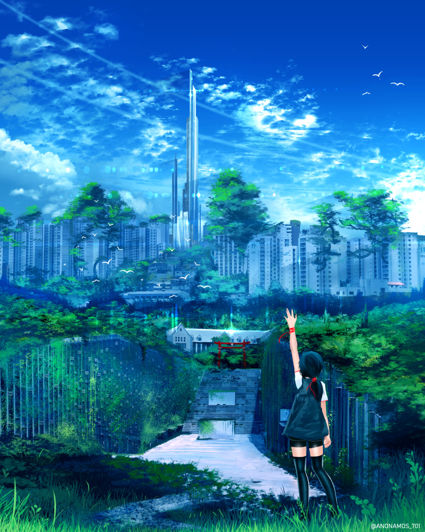 1girl anonamos arm_up bike_shorts black_hair black_legwear blue_sky building city cityscape clouds commission day from_behind grass highres low_ponytail original overgrown post-apocalypse ribbon scenery sky skyscraper solo standing thigh-highs torii tree twitter_username vest wrist_ribbon