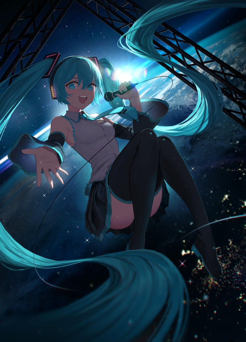 1girl absurdly_long_hair absurdres aqua_eyes aqua_hair bare_shoulders black_legwear black_skirt blue_eyes blue_hair commentary detached_sleeves earth_(planet) floating hatsune_miku headphones headset highres holding holding_microphone long_hair microphone music necktie night night_sky open_mouth planet pleated_skirt singing skirt sky sleeveless smile solo space star_(sky) thigh-highs twintails vertigris very_long_hair vocaloid zero_gravity