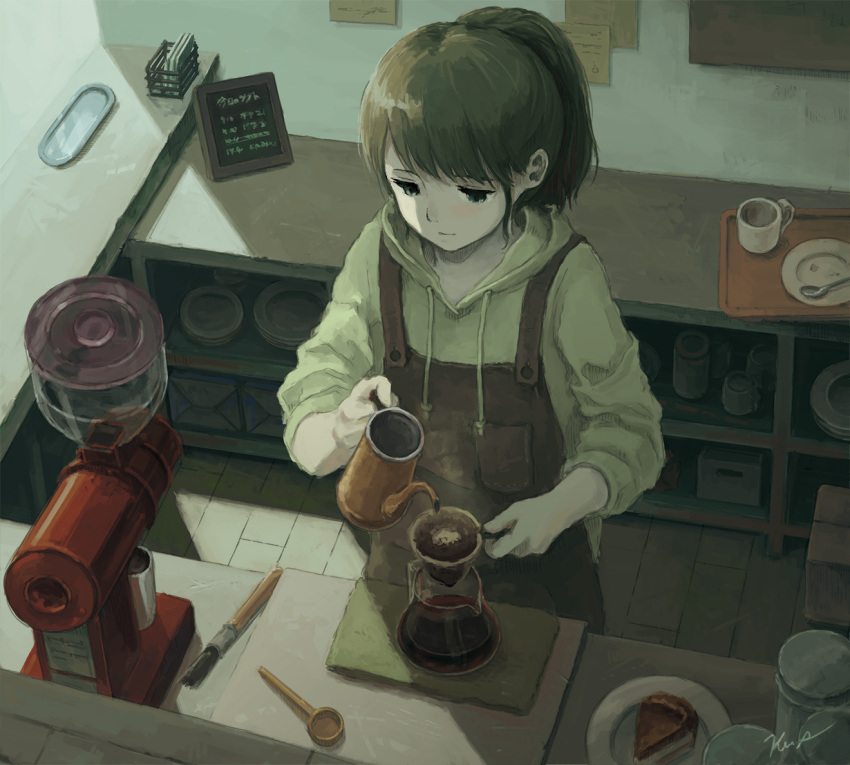 1girl apron brown_hair coffee coffee_filter commentary holding hood hoodie indoors kensight328 original pie_slice ponytail pouring solo