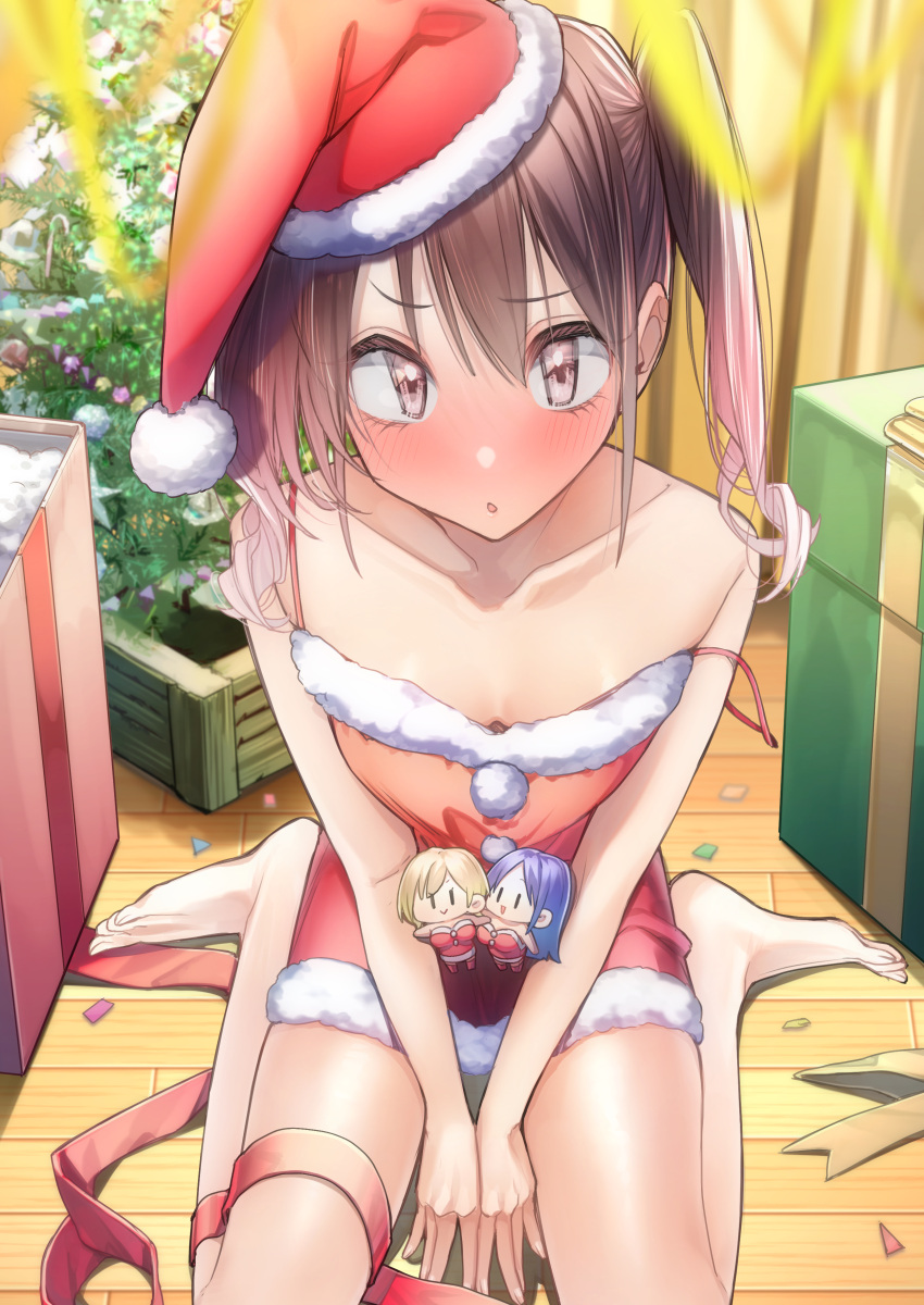 1girl absurdres bare_legs barefoot blurry blurry_foreground blush brown_eyes brown_hair character_doll christmas christmas_tree commentary confetti embarrassed gradient_hair hat highres indoors looking_at_viewer multicolored_hair original pink_hair rinku_(rin9) santa_costume santa_hat sitting solo spaghetti_strap strap_slip twintails two-tone_hair wariza