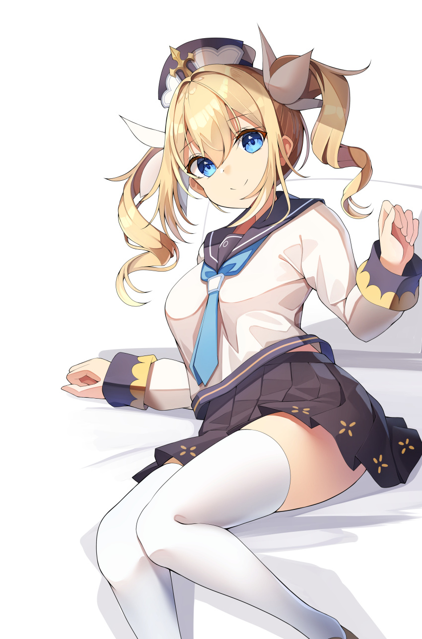 1girl absurdres bangs barbara_(genshin_impact) blonde_hair blue_eyes commentary_request eyebrows_visible_through_hair genshin_impact hair_between_eyes hair_ornament hat highres looking_at_viewer necktie school_uniform short_hair smile sob_(submar1089) solo thigh-highs thighs twintails white_background