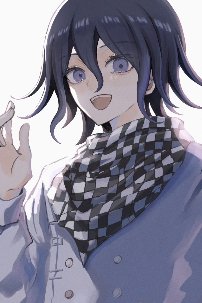 1boy :d bangs black_hair black_scarf buttons checkered_clothes checkered_scarf commentary_request danganronpa_(series) danganronpa_v3:_killing_harmony double-breasted eyebrows_visible_through_hair grey_background grey_jacket grey_scarf highres jacket kiino_illust long_sleeves looking_at_viewer male_focus multicolored_hair ouma_kokichi scarf shiny shiny_hair short_hair simple_background smile solo teeth two-tone_hair upper_teeth