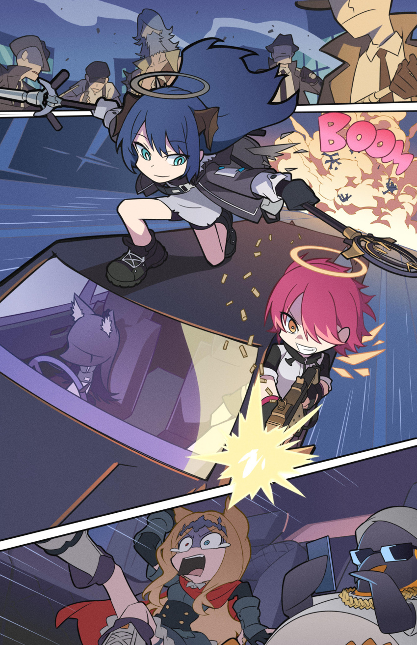 3girls 5boys animal animal_ears archetto_(arknights) arknights arm_up bangs beard bird black_footwear black_gloves black_hair black_jacket black_necktie black_shorts black_skirt blue_eyes blue_hair boots brown_eyes cellphone closed_mouth clothed_animal commentary dress dual_wielding explosion exusiai_(arknights) eyebrows_visible_through_hair faceless faceless_male facial_hair firing gloves grey_dress grey_footwear grey_hair grin gun hair_over_one_eye halo heterochromia highres holding holding_gun holding_phone holding_weapon horns jacket knee_boots kriss_vector liang_chan_xing_make_tu limousine mostima_(arknights) multiple_boys multiple_girls necktie on_vehicle one_knee open_clothes open_jacket open_mouth panty_&amp;_stocking_with_garterbelt parody penguin phone red_eyes redhead shell_casing shirt short_shorts short_sleeves shorts skirt smile style_parody submachine_gun sunglasses tears turn_pale v-shaped_eyebrows weapon white_jacket white_shirt