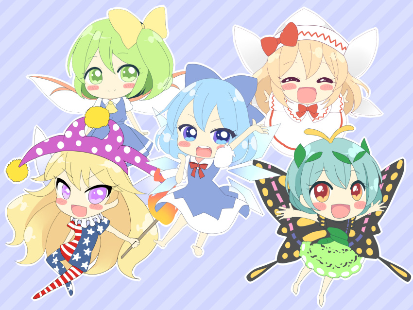 5girls american_flag_dress american_flag_legwear antennae aqua_hair barefoot blonde_hair blue_bow blue_dress blue_eyes blue_hair blush_stickers bow butterfly_wings capelet cirno closed_eyes closed_mouth clownpiece collared_shirt daiyousei detached_wings diagonal_stripes dress eternity_larva eyebrows_visible_through_hair fairy fairy_wings full_body green_dress green_eyes green_hair hair_between_eyes hair_bow hat highres holding holding_torch ice ice_wings jester_cap leaf leaf_on_head lily_white long_hair long_sleeves multicolored_clothes multicolored_dress multiple_girls open_mouth orange_eyes ougi_hina outstretched_arms pantyhose parody polka_dot_headwear puffy_short_sleeves puffy_sleeves purple_headwear rilu_rilu_fairilu round_teeth shirt short_hair short_sleeves side_ponytail single_strap smile spread_arms star_(symbol) star_print striped striped_background striped_dress striped_legwear style_parody teeth torch touhou upper_teeth violet_eyes white_capelet white_dress white_headwear white_shirt wings
