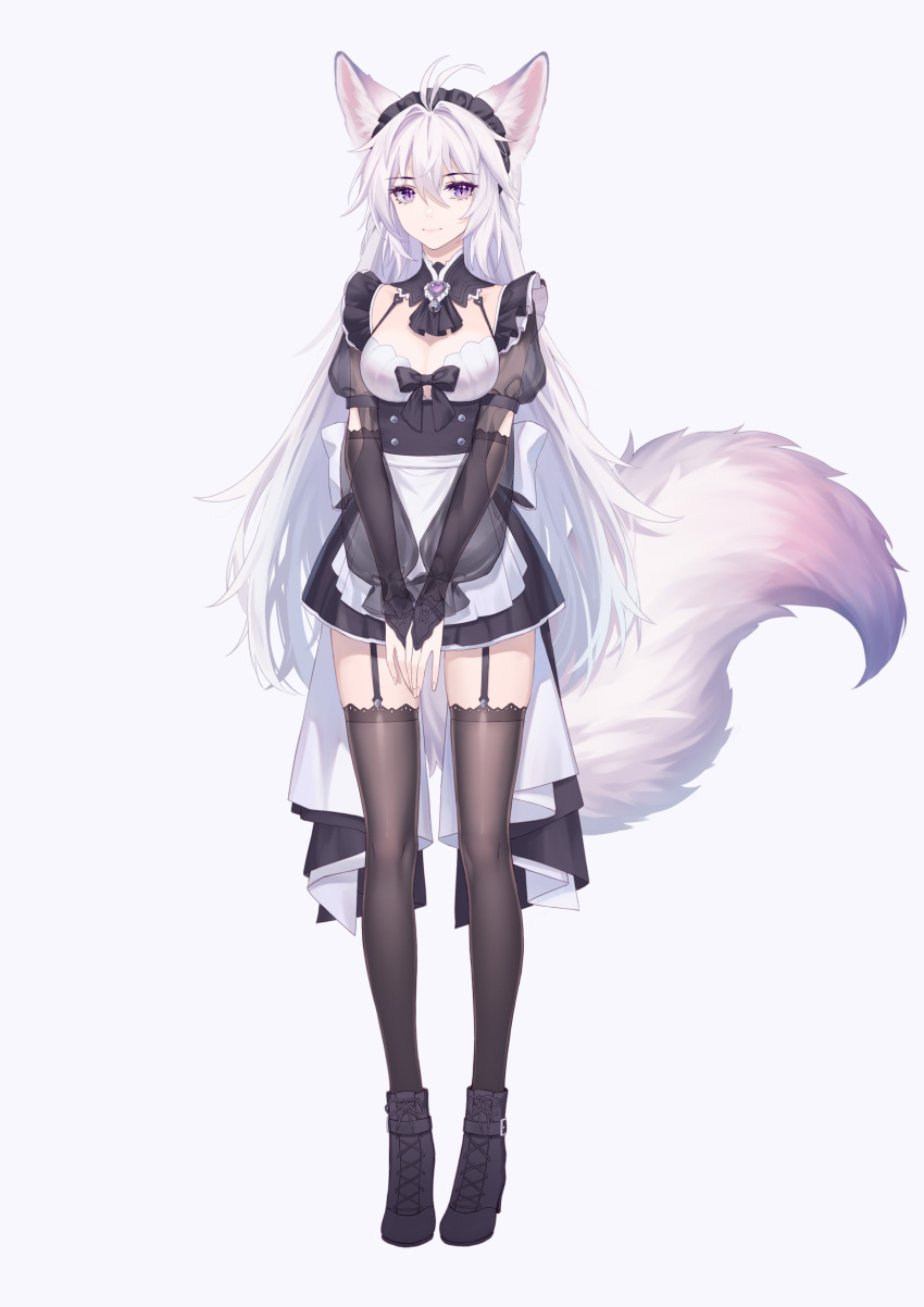 1girl absurdres ahoge animal_ears apron bell buckle commentary_request elbow_gloves fox_ears fox_girl fox_tail garter_straps gloves highres kirby_d_a long_hair looking_at_viewer maid maid_apron maid_headdress neck_bell original solo tail thigh-highs very_long_hair violet_eyes white_hair